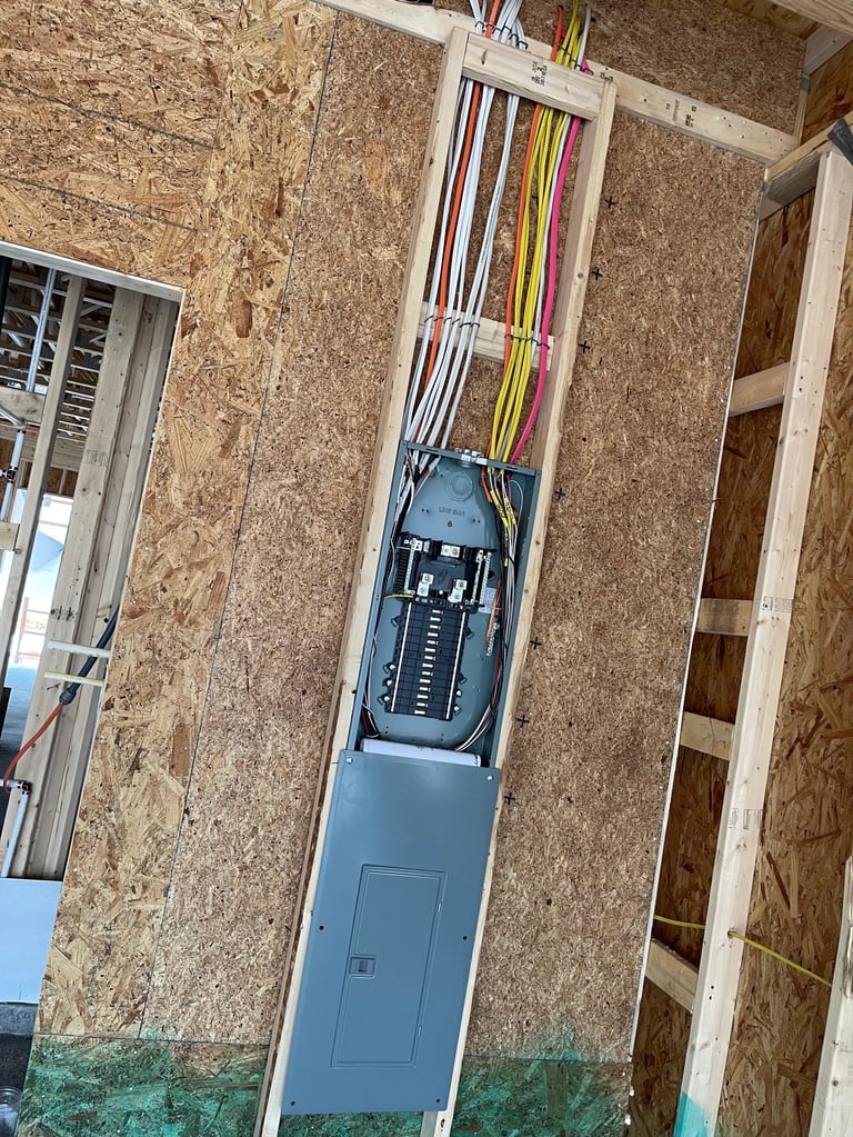 Electrical panel and wiring installed on cork wall during construction, showing circuit breaker box with colorful wire connections