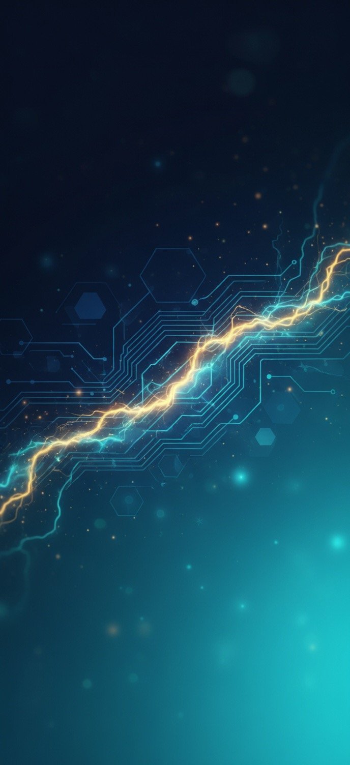 Glowing circuit board pattern with golden and cyan electrical energy flowing diagonally across dark blue tech-inspired background with hexagons and bokeh lights